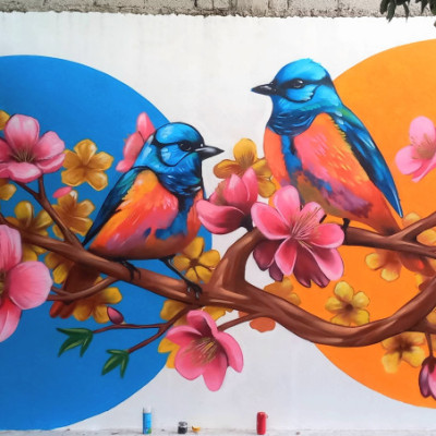 Mural de graffiti en Puebla - murales, flores, aves